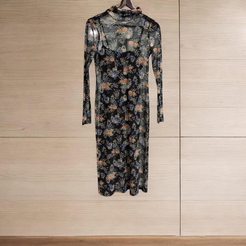 Wayf Black Sheer Floral Long-Sleeve Midi Dress